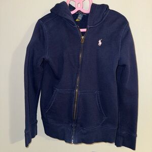 Like new, Polo Ralph Lauren, girls navy blue zip up hoodie, size medium 8-10